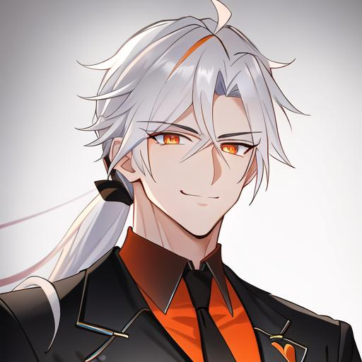 Prompt: Easton 1male. He has short {{white hair}} that is pulled back into a short ponytail. He has {{{rounded firey-orange colored eyes.}} He has a warm and welcoming smile. He is wearing a grim reaper outfit. UHD, 4K. Muscular. Highly detailed. Slender build. Handsome. Highly detailed face, 