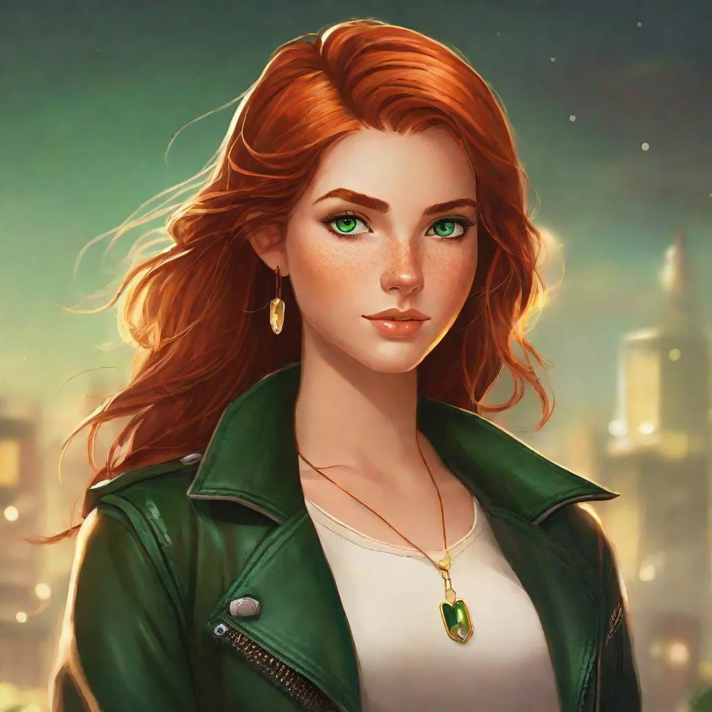 Prompt: Mara has long, fiery auburn hair that seems to shimmer like a sunlit copper sea. She keeps her hair tied back in a messy bun when she's not busy observing the skies. Her emerald-green eyes have a spark of adventure and mischief, and her freckles add charm to her features. She often wears a leather jacket with various weather charms and small trinkets hanging from its edges. Airship pirate. Steampunk. Anime style 