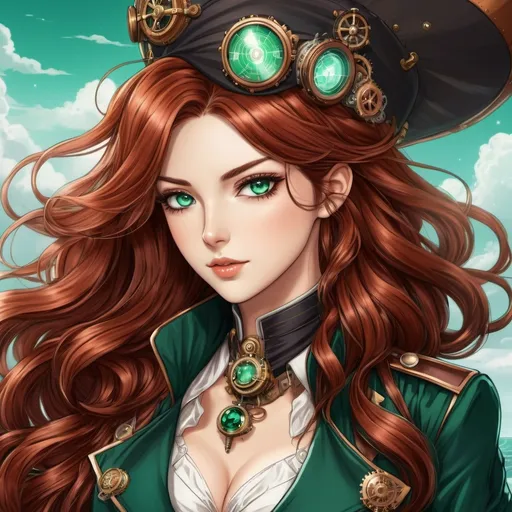 Prompt: Anime-style illustration of Isabella, a steampunk airship captain, with long auburn hair cascading in loose waves, striking emerald-colored eyes, detailed facial features, 40s, steampunk, airship captain, anime style, intricate steampunk attire, cool-toned lighting