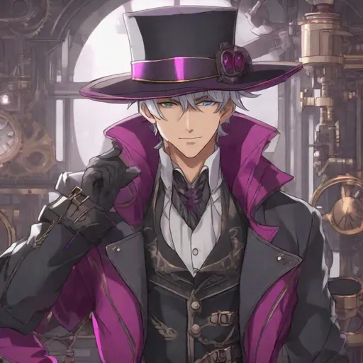 Prompt: 1!male wearing a simple top, a pair of knickers, and a pair of short boots. Wearing a wide-brimmed hat.  The whole ensemble is coordinated in magenta and gray. He has grey hair and steel grey eyes. Steampunk. Anime style. UHD, 8K, 