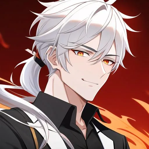 Prompt: Easton 1male. He has short {{white hair}} that is pulled back into a short ponytail. He has {{{rounded firey-orange colored eyes.}} He has a warm and welcoming smile. He is wearing a grim reaper outfit. UHD, 4K. Muscular. Highly detailed. Slender build. Handsome. Highly detailed face, 