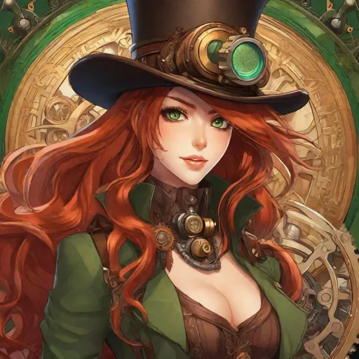 Prompt: Anime-style illustration of Valve, long red hair, green eyes, steampunk goggles, adorned top hat with pipes, tan coat with gears, detailed facial features, intricate steampunk design, highres, ultra-detailed, anime, steampunk, detailed eyes, professional