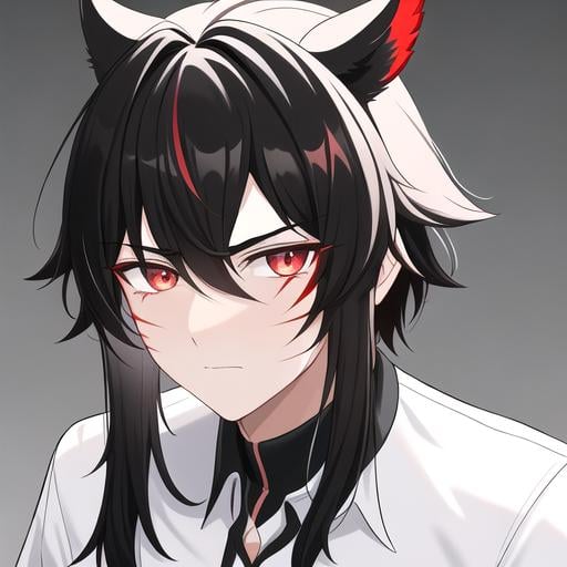 Prompt: Oxen 1male. He has really short black hair. He has {{{slanted and serious red-colored eyes.}} He has a stern yet comforting look. His face is covered in scars. He is wearing a white shirt. UHD, 4K.  Handsome. Highly detailed face. He is 26 years old. Close up