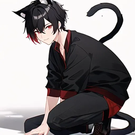 Prompt: Midnight Male short side swept black hair with red highlights covering his right eye, full body, cat ears, cat tail