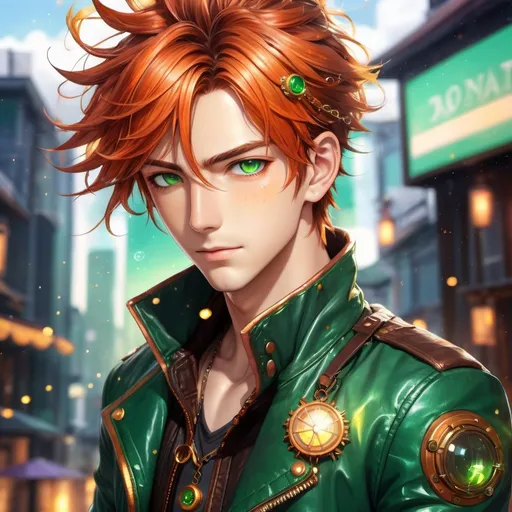 Prompt: Anime illustration of Mara, male, fiery munsell hair tied in a messy bun, shimmering like a sunlit copper sea, emerald-green eyes, cute freckles, leather jacket with weather charms, detailed eyes, vibrant colors, steampunk, anime, detailed hair, atmospheric lighting, highres, professional, male