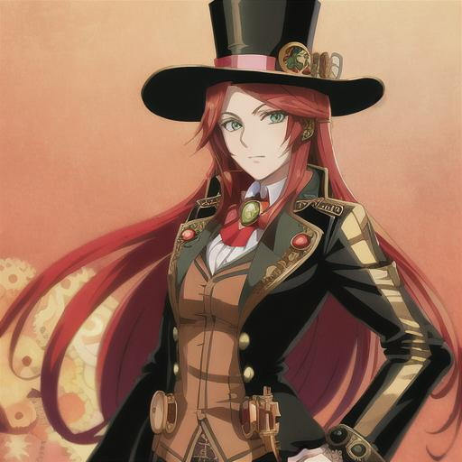 Prompt: Anime-style illustration of Valve, long red hair, green eyes, steampunk goggles, adorned top hat with pipes, tan coat with gears, detailed facial features, intricate steampunk design, highres, ultra-detailed, anime, steampunk, detailed eyes, professional