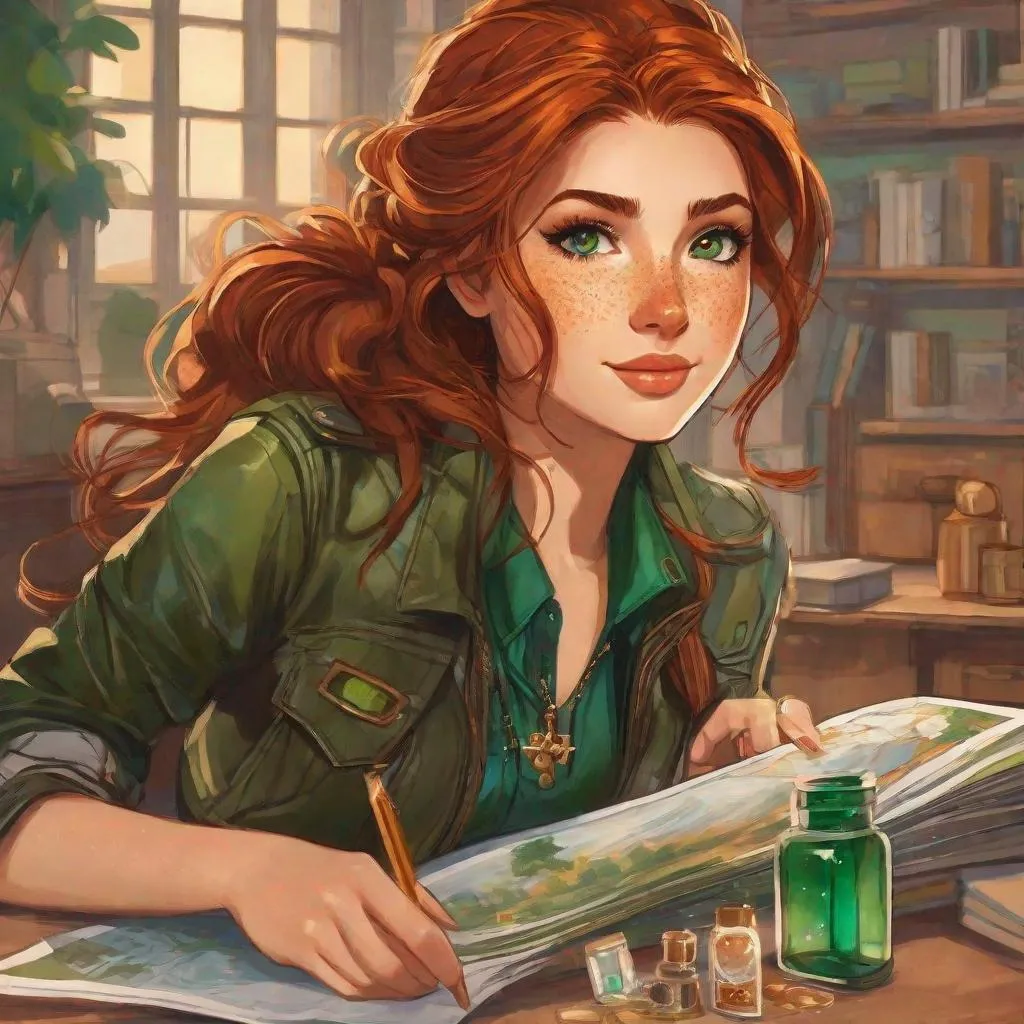 Prompt: Mara has long, fiery auburn hair that seems to shimmer like a sunlit copper sea. She keeps her hair tied back in a messy bun when she's not busy observing the skies. Her emerald-green eyes have a spark of adventure and mischief, and her freckles add charm to her features. She often wears a leather jacket with various weather charms and small trinkets hanging from its edges. Airship pirate. Steampunk. Anime style 