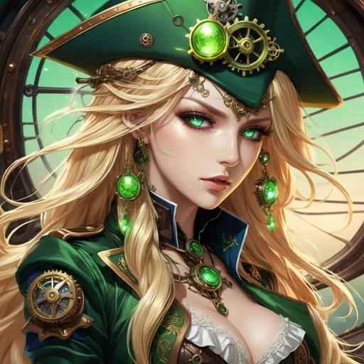 Prompt: Anime style, steampunk, airship pirate captain, Vera, long sun-kissed blonde hair with glowing green highlights, green and blue eyes, green crystals growing out of her, expression of pain, blood, detailed hair, intricate steampunk outfit, dramatic lighting, intense gaze, detailed eyes, highres, ultra-detailed, steampunk, anime, dramatic lighting, glowing details, intense expression