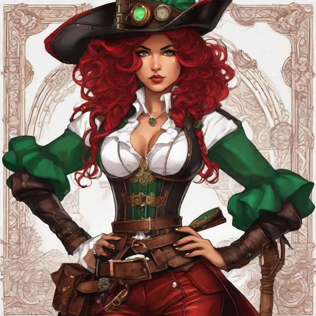Prompt: Rosa. leather corset, billowy white shirt, high-waisted trousers, tall boots, tricorn hat, and a belt with pouches and a cutlass. her hair is a vibrant shade of crimson, styled in intricate braids and adorned with gears and feathers. it falls just below her shoulders. her eyes are a striking emerald green. Steampunk. Anime style. UHD, 8K.