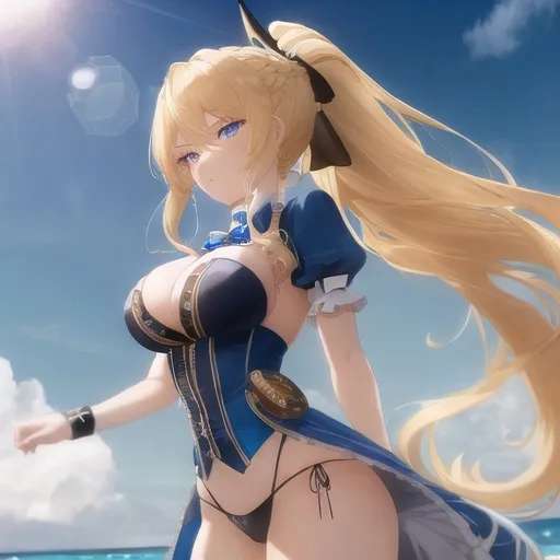 Prompt: Vera. She has long, sun-kissed blonde hair styled in a sleek and intricately braided ponytail that cascades down her back. Sapphire blue eyes. Wearing a [[steampunk bathing suit.]] Anime style. Steampunk. Adult. UHD