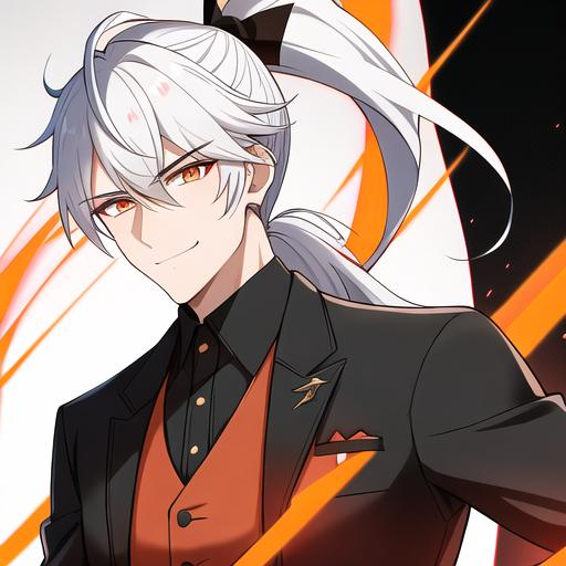 Prompt: Easton 1male. He has short {{white hair}} that is pulled back into a short ponytail. He has {{{rounded firey-orange colored eyes.}} He has a warm and welcoming smile. He is wearing a grim reaper outfit. UHD, 4K. Muscular. Highly detailed. Slender build. Handsome. Highly detailed face, 