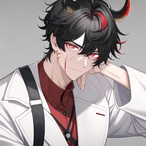 Prompt: Oxen 1male. He has short black hair. He has {{{slanted and serious red-colored eyes.}} He has a stern yet comforting look. His face is covered in scars. wearing a white doctor's coat over a shirt and trousers. UHD, 4K.  Handsome. Highly detailed face. He is 26 years old. Scientist, Wearing an eye patch