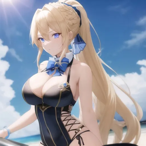 Prompt: Vera. She has long, sun-kissed blonde hair styled in a sleek and intricately braided ponytail that cascades down her back. Sapphire blue eyes. Wearing a [[steampunk bathing suit.]] Anime style. Steampunk. Adult. UHD