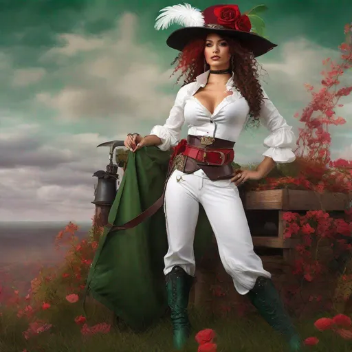 Prompt: Rose. Wearing a white leather corset, billowy white shirt, high-waisted trousers, tall boots, tricorn hat, and a belt with pouches and a cutlass. her hair is a vibrant shade of crimson, styled in intricate braids and adorned with gears and feathers. it falls just below her shoulders. her eyes are a striking emerald green. Steampunk. Anime style. UHD, 8K.