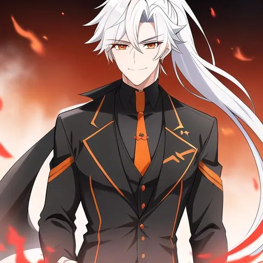 Prompt: Easton 1male. He has short {{white hair}} that is pulled back into a short ponytail. He has {{{rounded firey-orange colored eyes.}} He has a warm and welcoming smile. He is wearing a grim reaper outfit. UHD, 4K. Muscular. Highly detailed. Slender build. Handsome. Highly detailed face, 