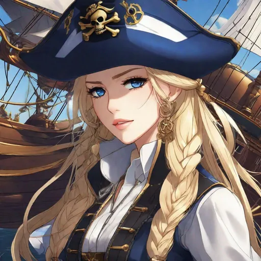 Prompt: Her long, sun-kissed blonde hair is styled in a sleek and intricately braided ponytail that cascades down her back. She wears an eyepatch and a pirate hat. Her eyes are an enchanting shade of sapphire blue, reflecting her determination.

Blood

Anime style. Adult. Steampunk airship pirate