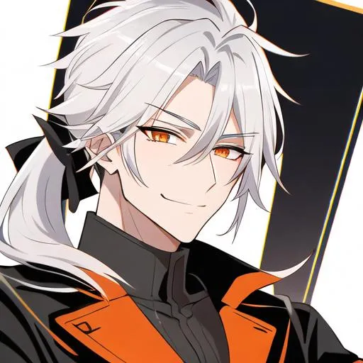 Prompt: Easton 1male. He has short {{white hair}} that is pulled back into a short ponytail. He has {{{rounded firey-orange colored eyes.}} He has a warm and welcoming smile. He is wearing a grim reaper outfit. UHD, 4K. Muscular. Highly detailed. Slender build. Handsome. Highly detailed face, 