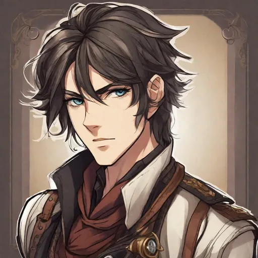 Prompt: Finnian is a wiry and agile individual with shaggy, dark hair and piercing, observant eyes. He's often seen in dark, practical clothing, with a leather duster and fingerless gloves. His attire is designed for ease of movement and concealment, allowing him to blend into the shadows. Airship pirate. Steampunk. Anime style 