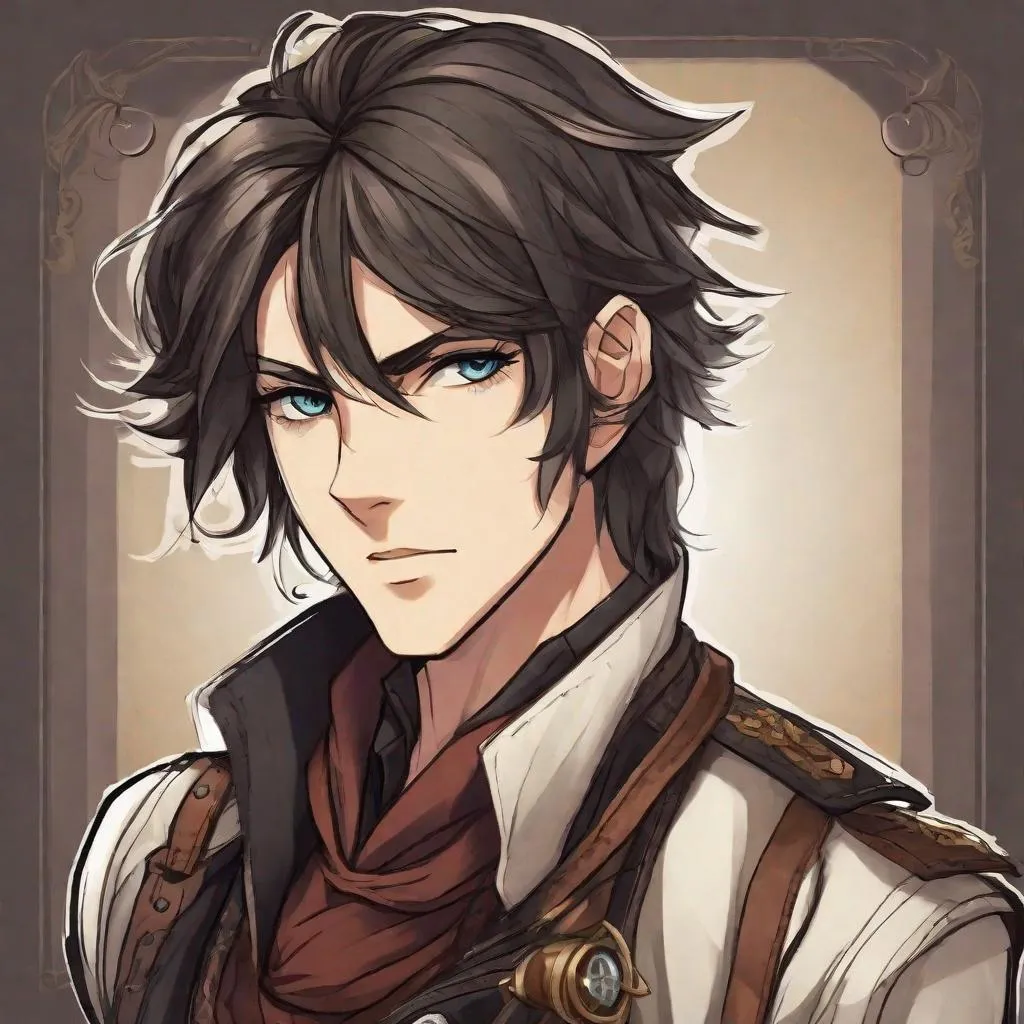 Prompt: Finnian is a wiry and agile individual with shaggy, dark hair and piercing, observant eyes. He's often seen in dark, practical clothing, with a leather duster and fingerless gloves. His attire is designed for ease of movement and concealment, allowing him to blend into the shadows. Airship pirate. Steampunk. Anime style 