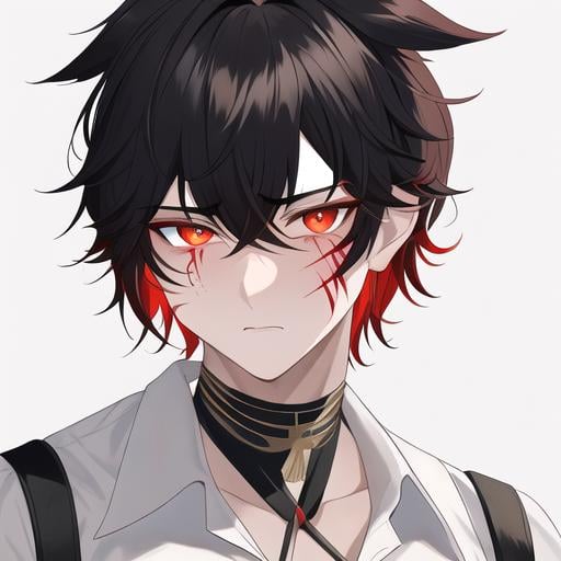 Prompt: Oxen 1male. He has short black hair. He has {{{slanted and serious red-colored eyes.}} He has a stern yet comforting look. His face is covered in scars. He is wearing a white shirt. UHD, 4K.  Handsome. Highly detailed face. He is 26 years old. Close up