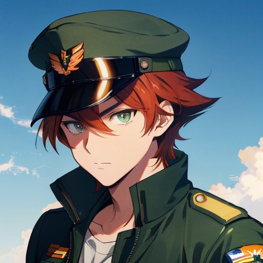 Prompt: Phoenix. Male. He has auburn hair. He has green eyes. He is wearing an aviator cap. Wearing an air force uniform. Anime style
