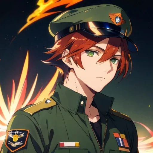 Prompt: Phoenix. Male. He has auburn hair. He has green eyes. He is wearing an aviator cap. Wearing an air force uniform. Anime style
