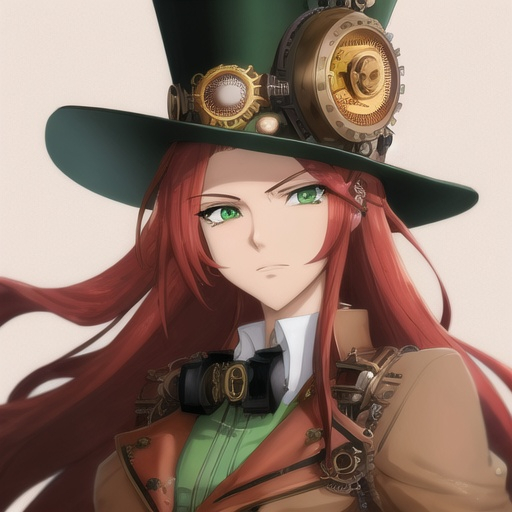 Prompt: Anime-style illustration of Valve, long red hair, green eyes, steampunk goggles, adorned top hat with pipes, tan coat with gears, detailed facial features, intricate steampunk design, highres, ultra-detailed, anime, steampunk, detailed eyes, professional