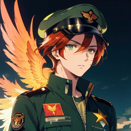 Prompt: Phoenix. Male. He has auburn hair. He has green eyes. He is wearing an aviator cap. Wearing an air force uniform. Anime style
