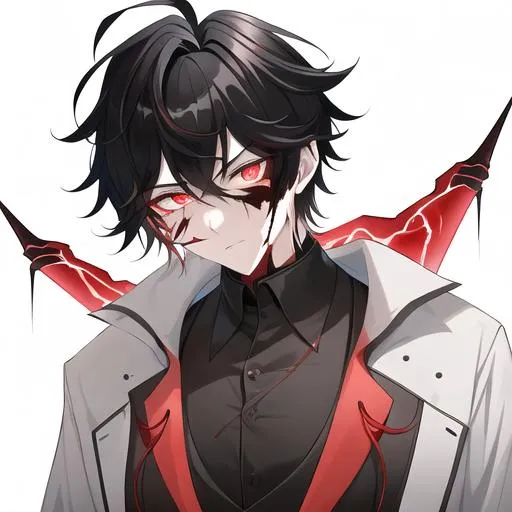 Prompt: Oxen 1male. He has short black hair. He has {{{slanted and serious red-colored eyes.}} He has a stern yet comforting look. His face is covered in scars. He is wearing a lab coat and holding flasks. UHD, 4K.  Handsome. Highly detailed face. He is 26 years old. Scientist