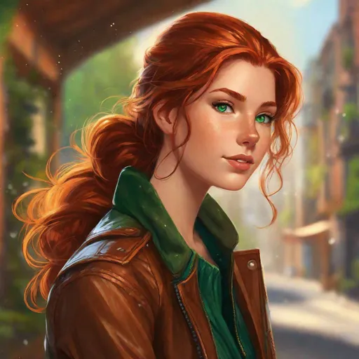 Prompt: Mara has long, fiery auburn hair that seems to shimmer like a sunlit copper sea. She keeps her hair tied back in a messy bun when she's not busy observing the skies. Her emerald-green eyes have a spark of adventure and mischief, and her freckles add charm to her features. She often wears a leather jacket with various weather charms and small trinkets hanging from its edges. Airship pirate. Anime style