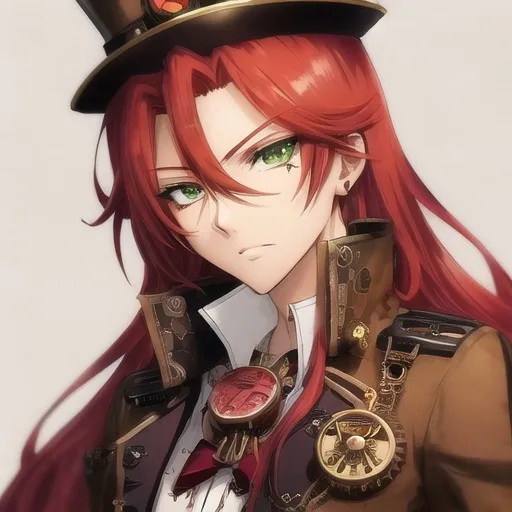 Prompt: Anime-style illustration of Valve, long red hair, green eyes, steampunk goggles, adorned top hat with pipes, tan coat with gears, detailed facial features, intricate steampunk design, highres, ultra-detailed, anime, steampunk, detailed eyes, professional