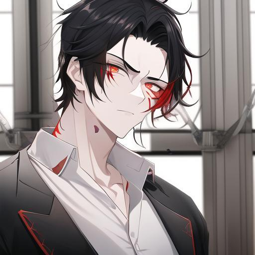 Prompt: Oxen 1male. He has short black hair. He has {{{slanted and serious red-colored eyes.}} He has a stern yet comforting look. His face is covered in scars. wearing a white doctor's coat over a shirt and trousers.. UHD, 4K.  Handsome. Highly detailed face. He is 26 years old. Scientist, Wearing an eye patch