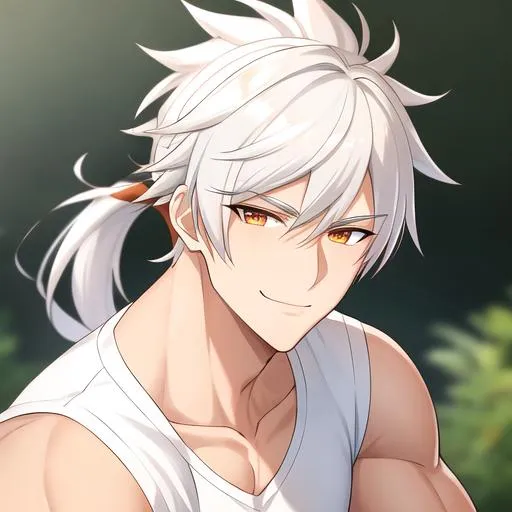 Prompt: Easton 1male. He has short {{white hair}} that is pulled back into a ponytail. He has {{{rounded firey-orange colored eyes.}} He has a warm and welcoming smile. He is wearing  tan cargo shorts. UHD, 4K. Muscular. Highly detailed. Slender build. Handsome. Highly detailed face