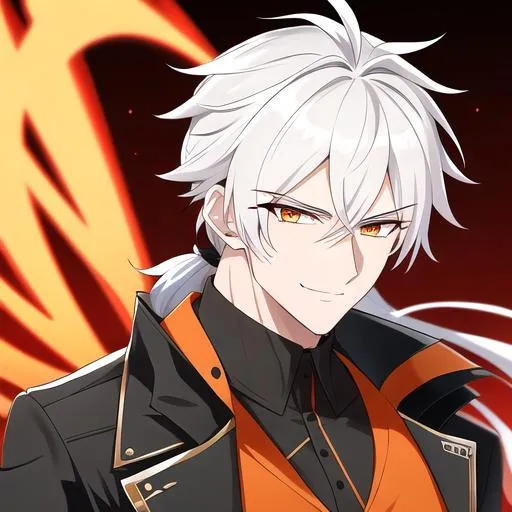 Prompt: Easton 1male. He has short {{white hair}} that is pulled back into a ponytail. He has {{{rounded firey-orange colored eyes.}} He has a warm and welcoming smile. He is wearing a grim reaper outfit. UHD, 4K. Muscular. Highly detailed. Slender build. Handsome. Highly detailed face, 