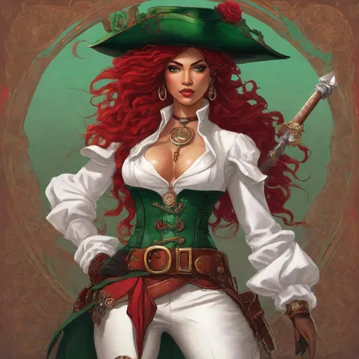 Prompt: Rose. Wearing a white leather corset, billowy white shirt, high-waisted trousers, tall boots, tricorn hat, and a belt with pouches and a cutlass. her hair is a vibrant shade of crimson, styled in intricate braids and adorned with gears and feathers. it falls just below her shoulders. her eyes are a striking emerald green. Steampunk. Anime style. UHD, 8K.