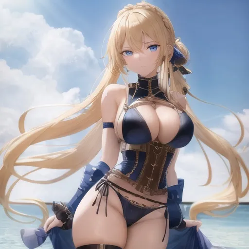 Prompt: Vera. She has long, sun-kissed blonde hair styled in a sleek and intricately braided ponytail that cascades down her back. Sapphire blue eyes. Wearing a [[steampunk bathing suit.]] Anime style. Steampunk. Adult. UHD