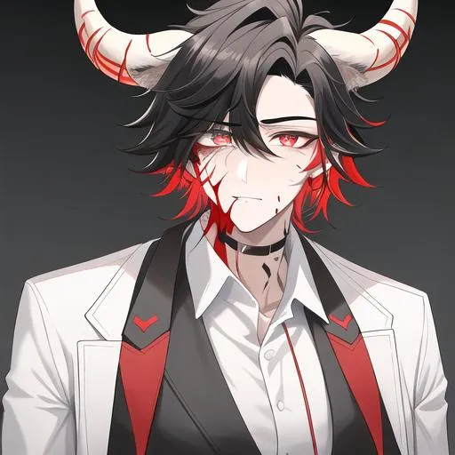Prompt: Oxen 1male. He has short black hair. He has {{{slanted and serious red-colored eyes.}} He has a stern yet comforting look. His face is covered in scars. wearing a white doctor's coat over a shirt and trousers.. UHD, 4K.  Handsome. Highly detailed face. He is 26 years old. Scientist, Wearing an eye patch