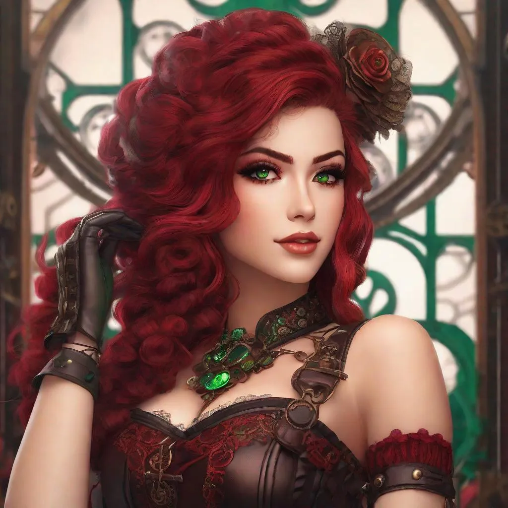 Prompt:  Ava. A stylish lady with a corseted leather bodice, layered lace skirt, knee-high boots with gears, and fingerless gloves. her hair is a vibrant shade of crimson, styled in intricate braids and adorned with gears and feathers. it falls just below her shoulders. her eyes are a striking emerald green. Steampunk. Anime style. UHD, 8K, 