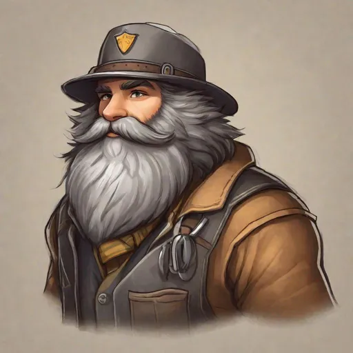 Prompt: Griffon is a rugged-looking man with a thick, bushy beard that he keeps meticulously groomed. His hair, once dark, is now peppered with streaks of gray, a testament to the years of hard work and experience he's amassed as an engineer and mechanic. He's often seen sporting a brown leather apron, worn from countless hours of tinkering and inventing. His fingers are stained with oil, and his belt is adorned with various tools and gadgets. Airship pirate. Steampunk. Anime style 