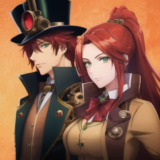 Prompt: Anime-style illustration of Valve, long red hair, green eyes, steampunk goggles, adorned top hat with pipes, tan coat with gears, detailed facial features, intricate steampunk design, highres, ultra-detailed, anime, steampunk, detailed eyes, professional