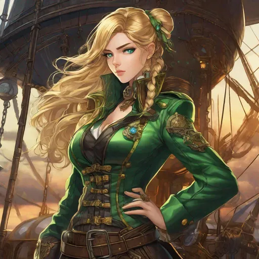 Prompt: Anime illustration of Vera, sun-kissed blonde hair cascading down her back with glowing green highlights, green and blue eyes, green crystals growing out of her, blood, steampunk airship pirate captain, intense and painful expression, detailed metallic steampunk outfit, futuristic airship in the background, highres, ultra-detailed, anime, steampunk, glowing eyes, intense expression, futuristic, detailed outfit, atmospheric lighting