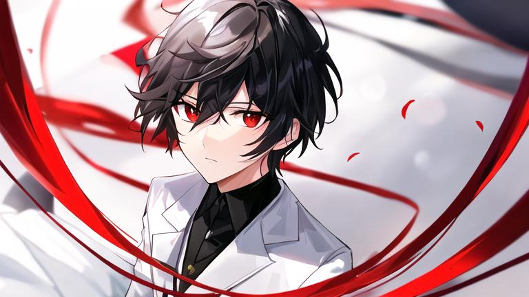 Prompt: Damien (male, short black hair, red eyes) looking up with desperation in his eyes 