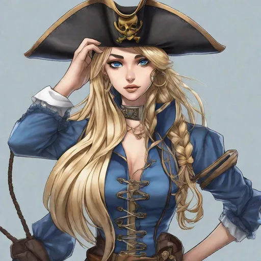 Prompt: Vera. Her long, sun-kissed blonde hair is styled in a sleek and intricately braided ponytail that cascades down her back. She wears an eyepatch and a pirate hat. Her eyes are an enchanting shade of sapphire blue

Anime style. Adult. Steampunk airship pirate
