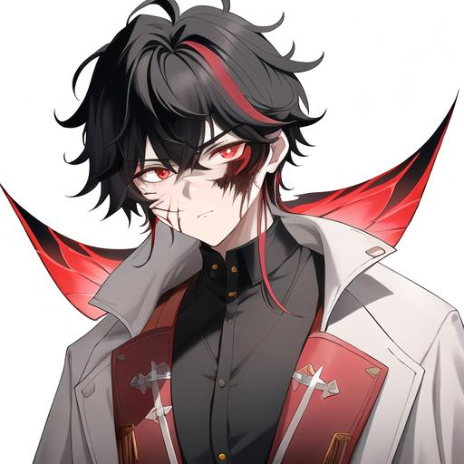 Prompt: Oxen 1male. He has short black hair. He has {{{slanted and serious red-colored eyes.}} He has a stern yet comforting look. His face is covered in scars. He is wearing a lab coat and holding flasks. UHD, 4K.  Handsome. Highly detailed face. He is 26 years old. Scientist