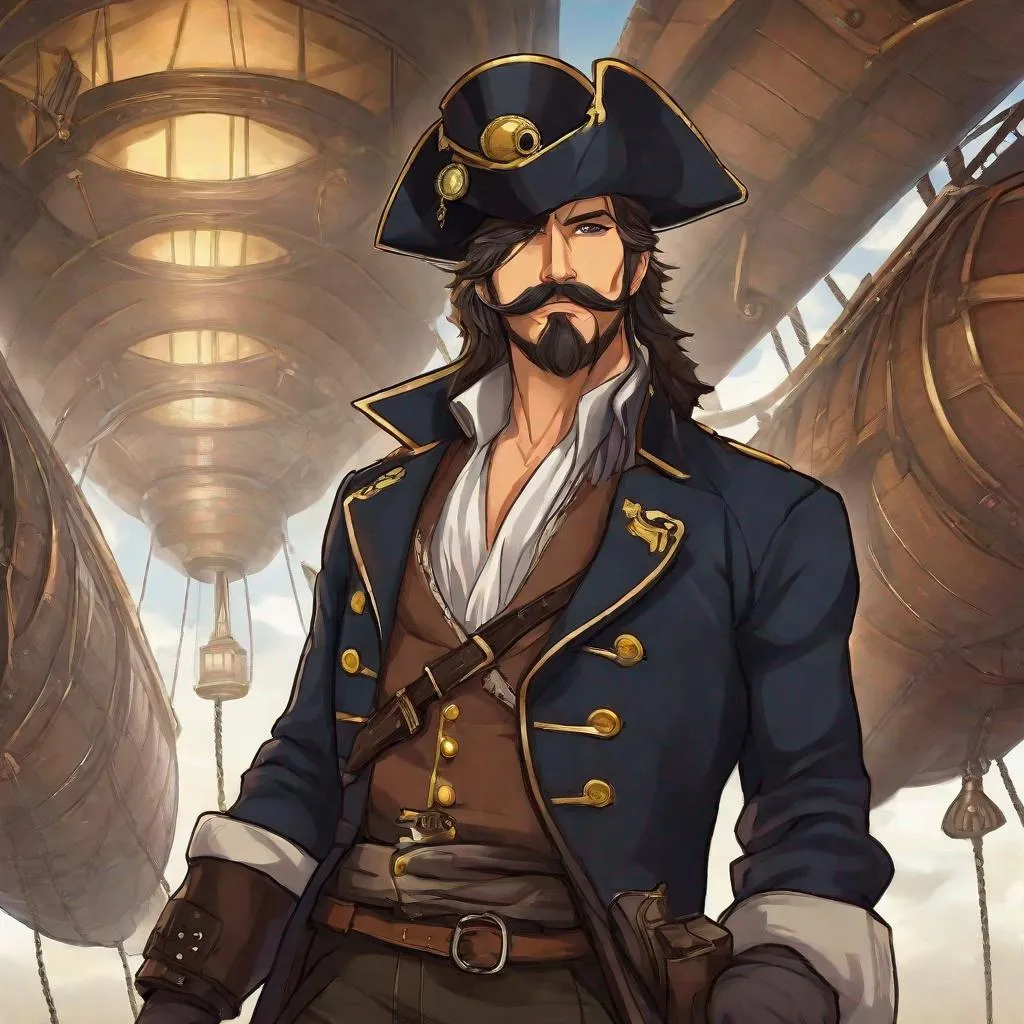 Prompt: Captain Blackthorn. He is a feared airship pirate captain. Thick facial hair. In his 40's. Anime style. Steampunk. Adult.