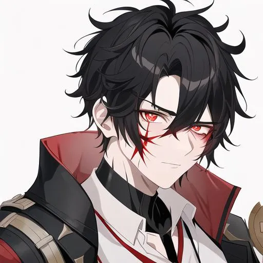 Prompt: Oxen 1male. He has short black hair. He has {{{slanted and serious red-colored eyes.}} He has a stern yet comforting look. His face is covered in scars. He is wearing a lab coat and holding flasks. UHD, 4K.  Handsome. Highly detailed face. He is 26 years old. Scientist