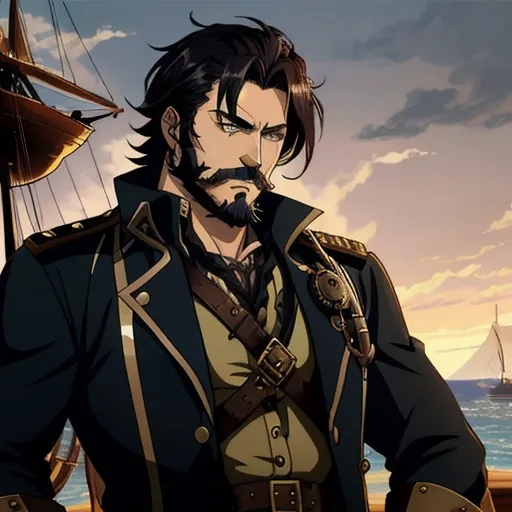 Prompt: Captain Blackthorn. He is a feared airship pirate captain. Thick facial hair. In his 40's. Anime style. Steampunk. Adult. Stern look