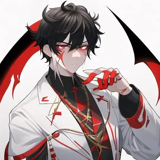 Prompt: Oxen 1male. He has short black hair. He has {{{slanted and serious red-colored eyes.}} He has a stern yet comforting look. His face is covered in scars. wearing a white doctor's coat over a shirt and trousers. UHD, 4K.  Handsome. Highly detailed face. He is 26 years old. Scientist, Wearing an eye patch. Wearing a mask