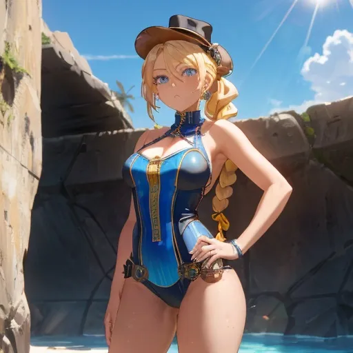 Prompt: Vera. She has long, sun-kissed blonde hair styled in a sleek and intricately braided ponytail that cascades down her back. Sapphire blue eyes. Wearing a steampunk bathing suit. Anime style. Steampunk. Adult. UHD