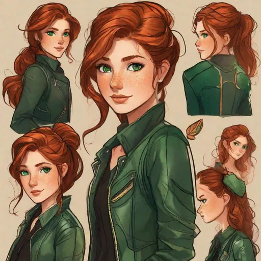 Prompt: Mara has long, fiery auburn hair that seems to shimmer like a sunlit copper sea. She keeps her hair tied back in a messy bun when she's not busy observing the skies. Her emerald-green eyes have a spark of adventure and mischief, and her freckles add charm to her features. She often wears a leather jacket with various weather charms and small trinkets hanging from its edges. Anime style